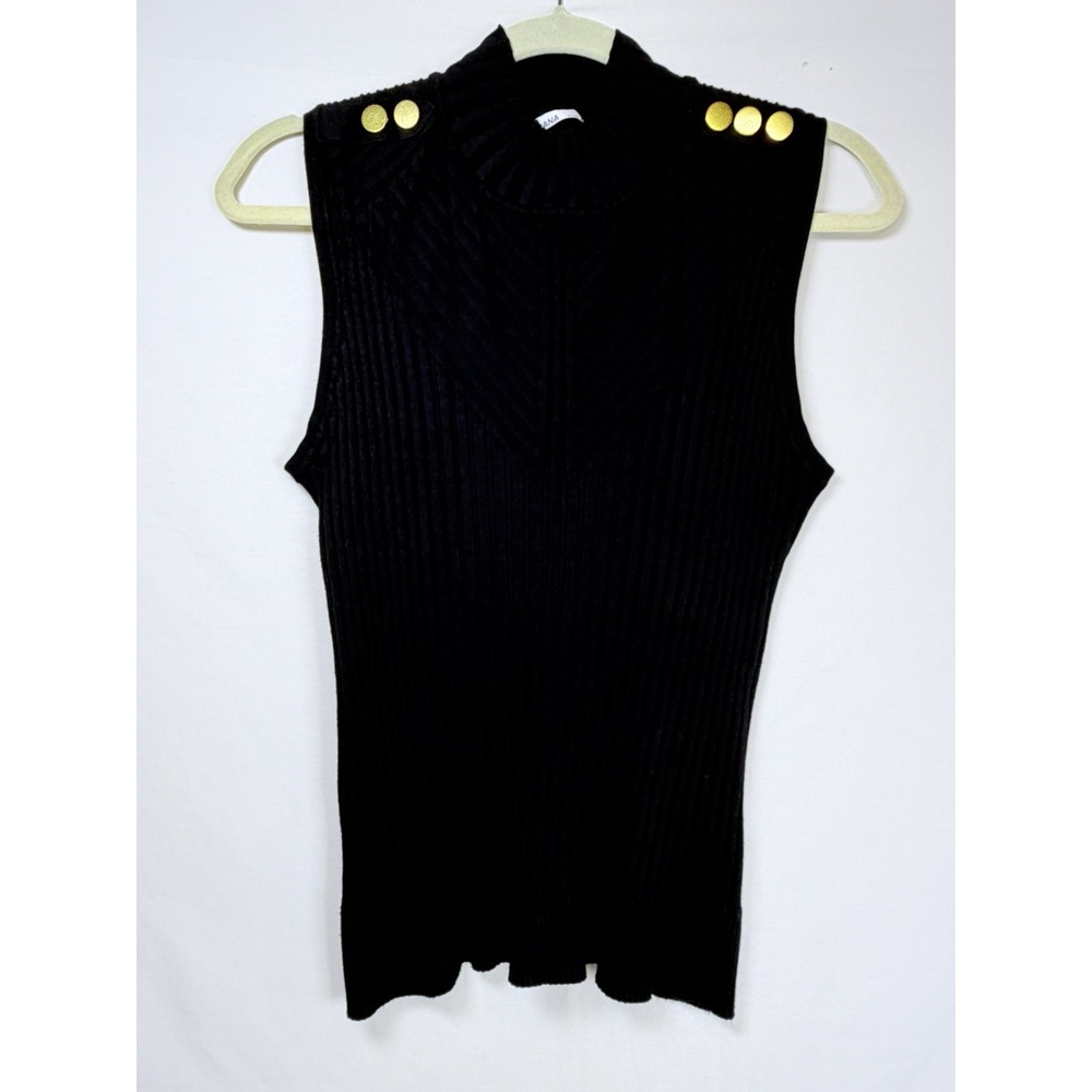 Rafiana XL Black Ribbed Mock Neck Sleeveless Knit Top Gold Shoulder Buttons